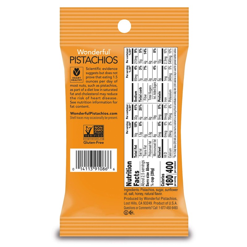 Wonderful Pistachios, No Shells, Honey Roasted, 2.25 Ounce Bag, Pack