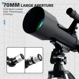 Telescope 70mm Aperture 500mm - Portable Refractor Telescopes for Kids & Adults AZ Mount Fully Multi-Coated Optics, with Tripod Phone Adapter, Wireless Remote, Carrying Bag Black