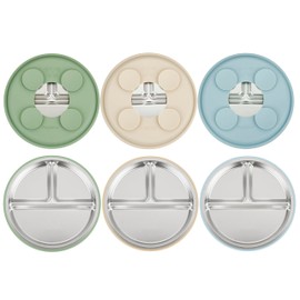 PandaEar 3 Pack Stainless Steel Baby Suction Plates, Divided Toddler Plate for Baby Led Weaning Supplies, Non-Slip Toddler Baby Feeding Set Dishwasher Safe (Blue/Green/Brown)