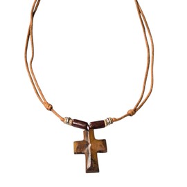 BlueRica Hand Carved Wood Cross on Adjustable Light Brown Cord Necklace