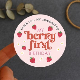 120 X Thank You for Celebrating My Berry First Birthday Stickers, First Birthday Party Favor Stickers, Strawberry Theme Labels for Girl First Birthday Party Favors, 1.6inch
