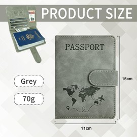 Tehttz 1Pc Passport Holder with Snap Button Closure, Passport Covers RFID Blocking Travel Wallet Case, PU Leather Card Holder with Card Slots, Travel Documents Organizer and Protector (Gray)
