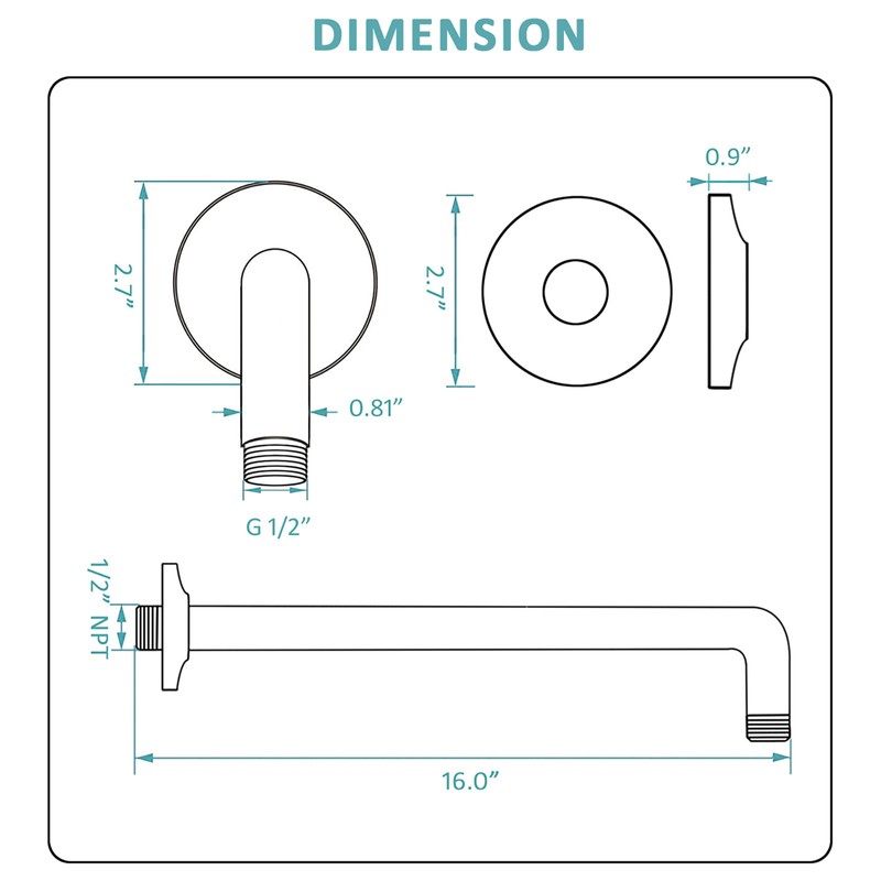 BESTILL 16 Inch L-Shaped Shower Head Extension Arm, Shower Arm