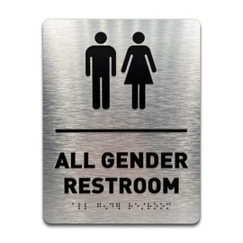 All Gender Bathroom Sign and Employees Must Wash Hands Sign Bundle – ADA Compliant Restroom Signs for Business – Brushed Aluminum with Adhesive Strips – Wheelchair Accessible, Raised Icons & Braille – 6”x8” and 7”x3” - Made in USA