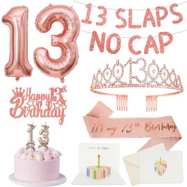 13 Birthday Girl Decorations, 13th Birthdays Sash and Tiara, 13 Slaps No Cap Rose Gold Glitter Banner, Balloons, 13 Candle, Card Happy 13th Birthday Decorations Girl