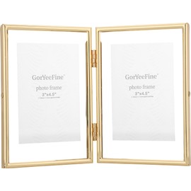Gold 4x6" Double Floating Frame for picture 2x3'', 3x5'', Classy Metal rounded Edge Frame Adjustable Tabletop/Shelf Photo Frame, Elegant Gift Choice for Wedding, Thanksgiving, Christmas,Birthady, Home