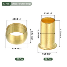 YOKIVE 60 Pcs Brass Ferrule & Insert Fitting, Compression Sleeves Ferrule Hose Insert Support Kits, Great for Air Water Tubes (Brass Tone, 10mm Tube OD)