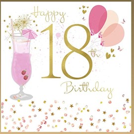 18th Birthday Card for A Girl - Cocktail - 18 Today with Glitter and Diamante - 6 x 6 Inches - Rush Design