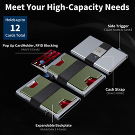 SEMORID Mens Wallet, Slim Wallet for Men, Pop Up Credit Card Holder RFID Blocking, Minimalist Metal Wallet with Cash Band, Aluminum Wallets (Grey+Green)