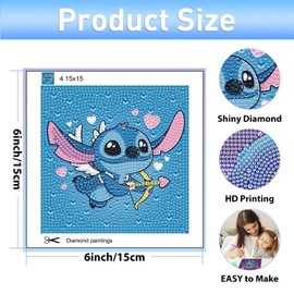 HecticCore Pack of 4 Diamond Painting Children, Cute Stitch 5D DIY Diamond Art Mosaic Sets for Beginners, Full Round Drill Gemstone Art for Home Wall Decoration, Girls Gift, 15 x 15 cm