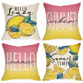 Ussap Hello Summer Lemon Decorative Throw Pillow Covers 18 x 18 Set of 4, Summer Vibes Fruit Pink Yellow Cushion Case Decor, Seasonal Home Decoration for Sofa Couch