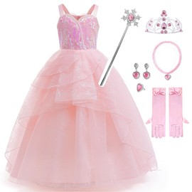 Zalongye Pink Glinda Costume Dress for Girls Witch Sequin pageant dress for girls special occasion With Wand and Crown