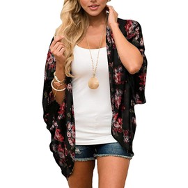 Jiuhexuj Womens Kimono Cardigans Boho Floral Print Chiffon Cardigan Blouse Top Beach Outwear (Black, XL)