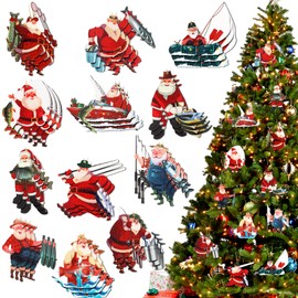 36 Pieces Christmas Fishing Santa Claus Ornaments Wooden Fishing Santa Ornament Hanging Fly Fishing Gifts Boat Christmas Ornament with Ropes for Christmas Tree Door Window Mantel Fireplace Party Decor