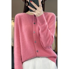 RUCPUW 100% Merino Wool Sweaters Women's Fall Winter Warm Soft Knitted Crew Neck Cardigan Turtleneck Long Sleeves(019,Pink,XS)