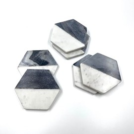 Hexagon Marble Coasters for Drinks- Set of 4 Handcrafted Luxury Aesthetic Modern Coasters- White & Grey Coasters - Real Natural Semi Absorbent Stone Coasters for Your Beverages & Wine/Bar.