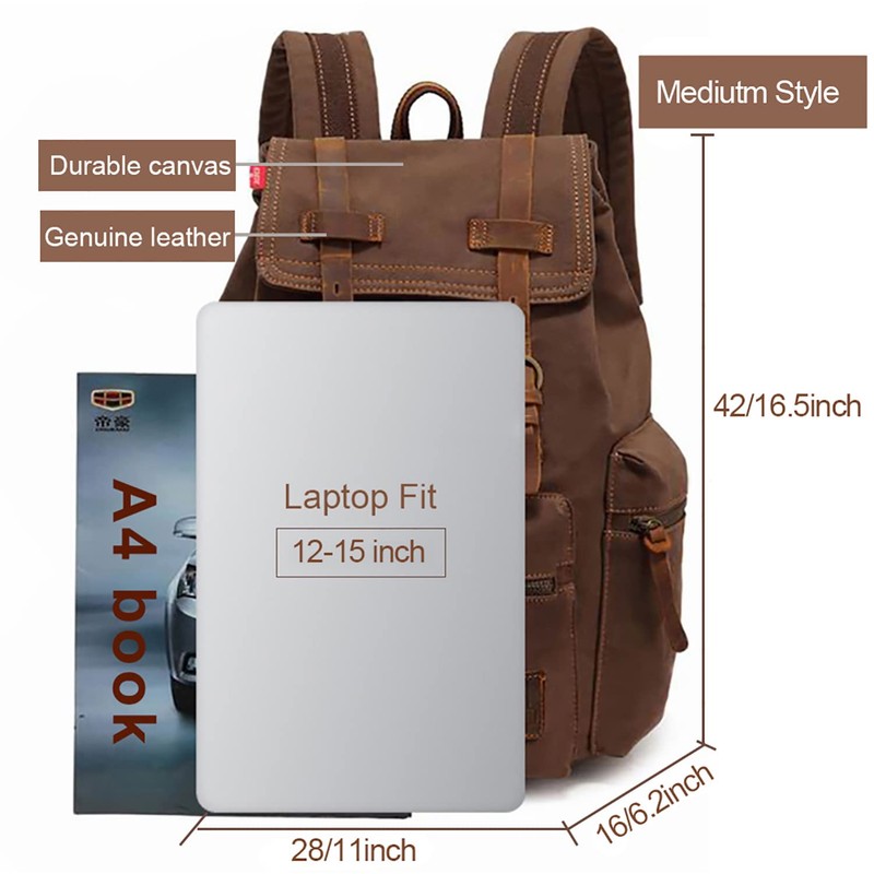High Capacity Canvas Vintage Backpack - for Hiking Travel 12-15"