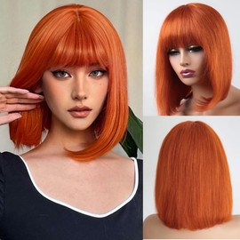 Datanala Ginger Straight Bob Wig with Bangs Straight Short 350# Bob Wig with Bangs Human Hair 3x1 HD Lace Glueless Wigs Blunt Cut Silk Bob Wig Wear and Go 180% Density Bob Wig with Bangs Realistic Look Natural Color for Women (350# Bob Wig with Bangs 10I