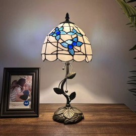EMJOY DECOR LAMPS Tiffany Style Table Lamp White Stained Glass Blue Flowers LED Bulb 8"W*8"D*16"H