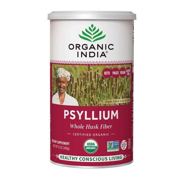 ORGANIC INDIA Psyllium Herbal Powder - Whole Husk Fiber, Healthy Elimination, Keto Friendly, Vegan, Gluten-Free, USDA Certified Organic, Non-GMO, Soluble & Insoluble Fiber Source - 12 oz Canister