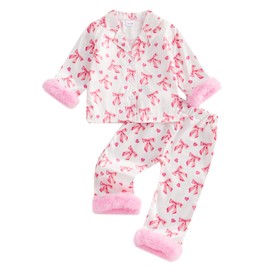 LYSINK Toddler Baby Girl Christmas Pajamas Satin Silk Pajamas Long Sleeve Feather Trim Button Tops Pants Valentine 2Pcs Pajamas Sets (Ba Pink, 6-12 Months)