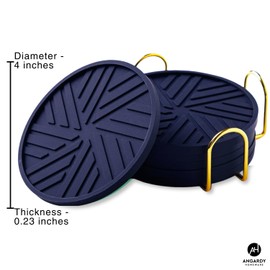 Angardy Homeware Coasters Set of 6 - Non-Slip Table Coasters for Drinks, Mugs, Glasses, Cups, Bottles - Round Pads with Stylish Groove Patterns & Gold Holder Stand - 4", 0.23" (Navy Blue)