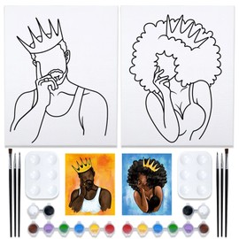 2 Pack Canvas Painting Kit Bundle Love Couple Pre Drawn Canvas for Painting for Adults, Paint and Sip Party Supplies, Afro King Queen, Couples DIY Date Night Paint Activities(12x16)