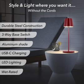 Generation Lighting Mena Accent Rechargeable Table Lamp – 14.5” Dark Red Steel Lamp with 3-Way Base Switch, 2.4W Up/Down LED at 2700K, 260 Lumens, USB-C, Wet Rated (8000701-211)