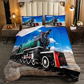 Erosebridal Train Comforter Sets Twin Size,Boys 3D Steam Engine Bedding Set Rail Vehicles Duvet Sets for Kids Teens,Soft Microfiber Down Comforter Bedroom Decor with 1 Pillow Case Blue