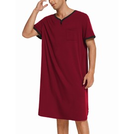 Ekouaer Men's Sleepwear Cotton Nightwear Soft Nightshirt,A-wine Red,X-Large