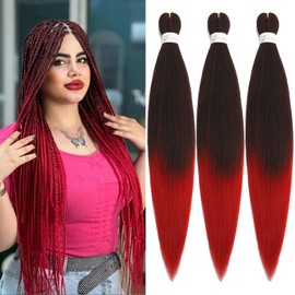 24 Inch Braiding Hair Pre Stretched Ombre Red 3 Packs Hot Water Setting Braiding Hair Soft Yaki PreStretched Extensions for Women(T1B/Red, 24Inch (Pack of 3))