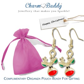 Rudolph the Red Nose Reindeer Gold Plated Christmas Drop Dangly Earrings with Gift Bag Womens Girls Christmas Jewellery Christmas Party Secret Santa Gifts for Women