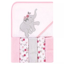 Hudson Baby Hooded Towel and Five Washcloths, Floral Elephant, One Size