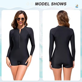 TERODACO One Piece Swimming Costume Women Removable Padded Half Zip Rash Vest Women Long Sleeve UPF50+ Ladies Swimsuits Wetsuit Rash Guard,Soft Stretchy Quick Dry 2505 Black XL