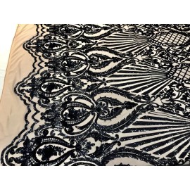 NEW CREATIONS FABRIC AND FOAM INC BLACK IRIDESCENT DAMASK SEQUINS DESIGN ON A 4 WAY STRETCH NUDE MESH-BY YARD.