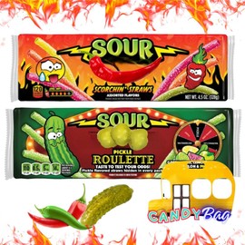 (PACK OF 2) Extra Large Sour Scorchin & Pickle Roullette Bites Straws Tray - Limited-edition - 4.5oz Each - Sour Hot Fiery and Pickle Candy - Spicy Watermelon, Chili Lime, Fiery Mango, Piping Pineapple, Pickle - Comes With One Bus Resealable ZipBag