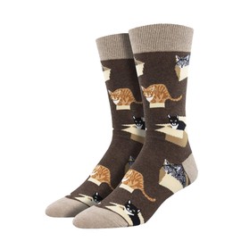 Socksmith Men's Cat In A Box Crew Socks, Brown Heather