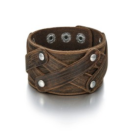 Flyonce Mens Leather Bracelet, Brown Cuff Bracelet Punk Rock n Roll Unisex Handmade Cross Strap Grain Wide for Men Women
