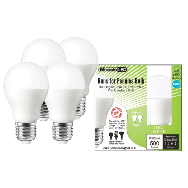 MiracleLED 604920 Miracle LED 5W Runs for Pennies Bulb, Low Profile Trim Fit, 2X Energy Savings Replacing 60W, Cool White 4 Pack