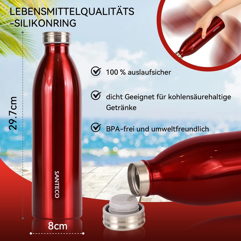SANTECO Stainless Steel Drinking Bottle 1 L, 100% Leak-Proof Thermos