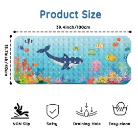 LNOND Bath Mat for Tub for Kids, Toddler Bathtub mat Non Slip, Sharks Fish Kids Bath Mats for Bathroom Non Slip with Drain Holes and Suction Cups,Machine Washable (40 X 16 Inch)