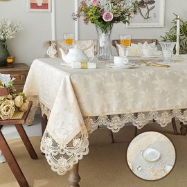 SUTAVIA Farmhouse Table Cloth Waterproof Jacquard Fabric Embroidery Lace Tablecloths Classic Flower Decor for Home Holiday Party Dinner Tables (Champagne, Rectangle,52 x 70 Inch,4-6 Seats)
