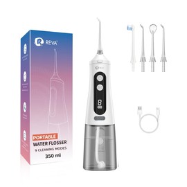 R REVA Professional Water Dental Flosser for Teeth & Braces - 9 Modes Cordless Oral Irrigator, 350ML Large Reservoir, 360° Nozzle, IPX7 Waterproof, Rechargeable, Dental Floss Tool (M131 - White)