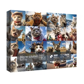 Funny Cat Puzzles for Adults 1000 Piece, Selfie Cat Animal Jigsaw Puzzle, Cat Travels Around The World Puzzle as Home Decor