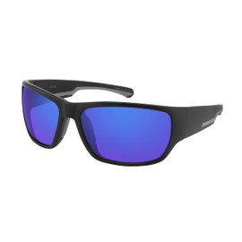 Edge I-Wear Black Sports Wrapped Sunglasses w/Blue Mirrored Lens & Grey Trim on Temples