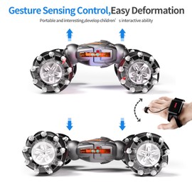 Deejoy RC Stunt Car, 2.4GHz 4WD Remote Control Gesture Sensor Toy Cars, Double Sided Rotating Off Road Vehicle 360° Flips with Lights Music, for Boys & Girls Birthday（Black Silver）