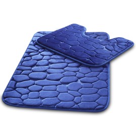 VELVETIO Pebbles Stone Bath Mat & Pedestal Set for Bathroom, Water Absorbent Non Slip 2 Piece Toilet Mats, Extra Soft Shower & Bathtub Rug, (50x80, 50x40 cm) Royal Blue