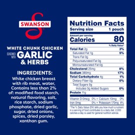 Swanson Garlic and Herbs White Chunk Fully Cooked Chicken, Ready to Eat, Simple On-the-Go Meals, 2.6 OZ Pouch