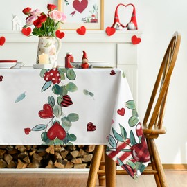 Horaldaily Valentine's Day Tablecloth 52×70 Inch Rectangular, Red Love Eucalyptus Washable Table Cover for Party Picnic Dinner Decor