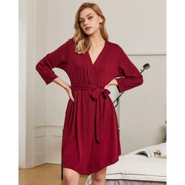 Ekouaer Women Robes Short Knit Bathrobe Dressing Gown Ladies Loungewear V-Neck Lightweight Soft Kimono with Pockets Red XXL